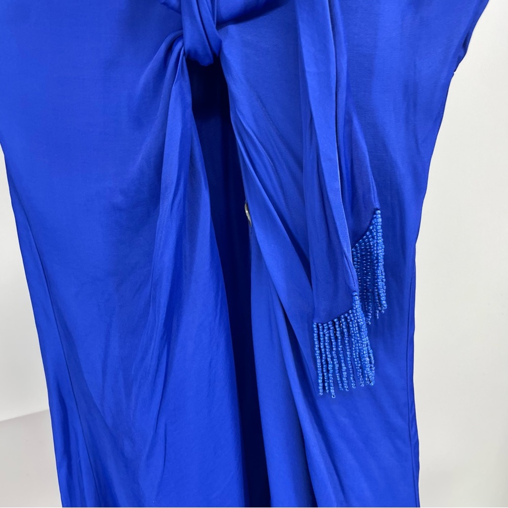 Farm Rio bright blue long dress with button front and beaded belted waist Medium - Picture 9 of 10